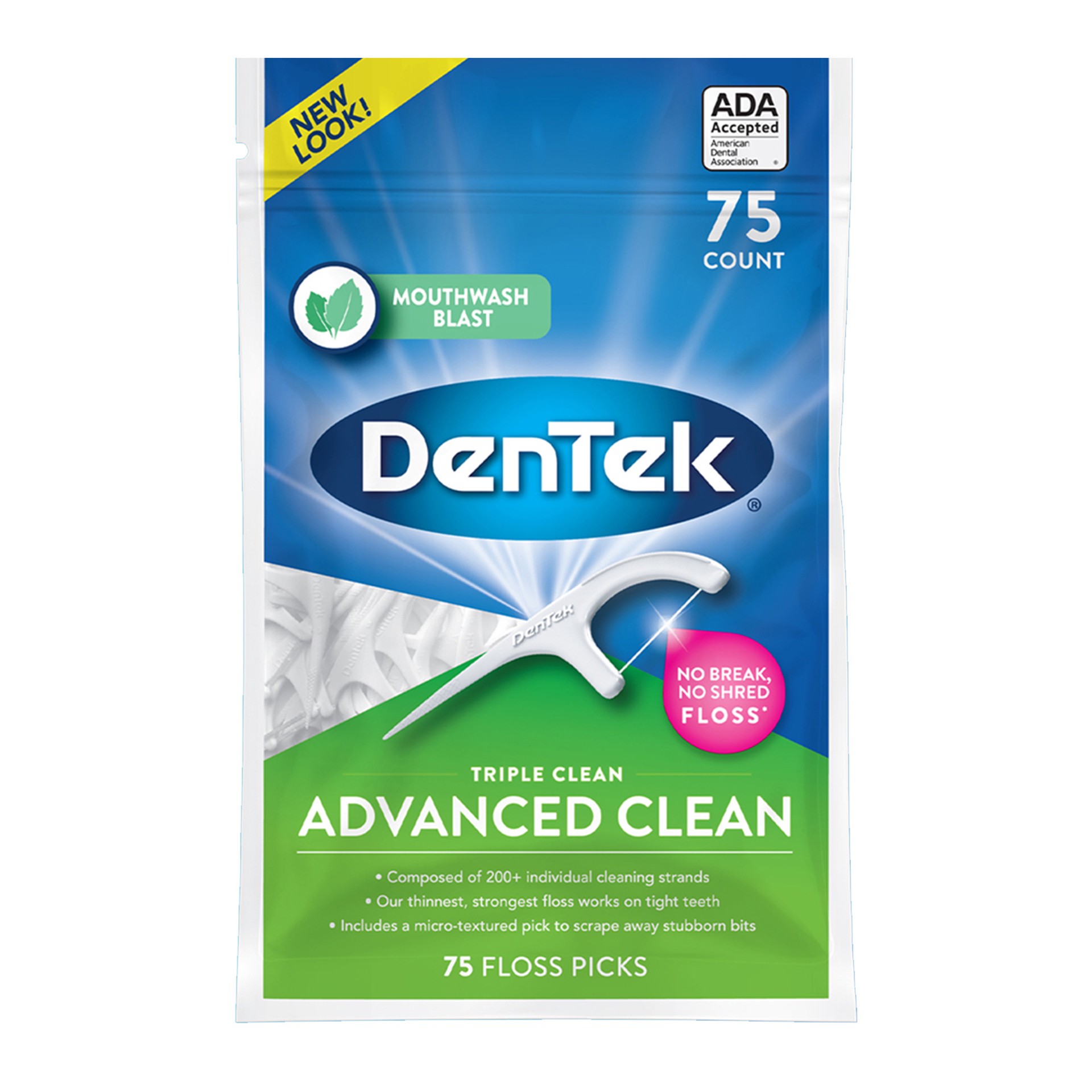 slide 1 of 6, DenTek Triple Clean Advanced Clean Floss Picks, No Break & No Shred Floss, 75 Count, 75 ct