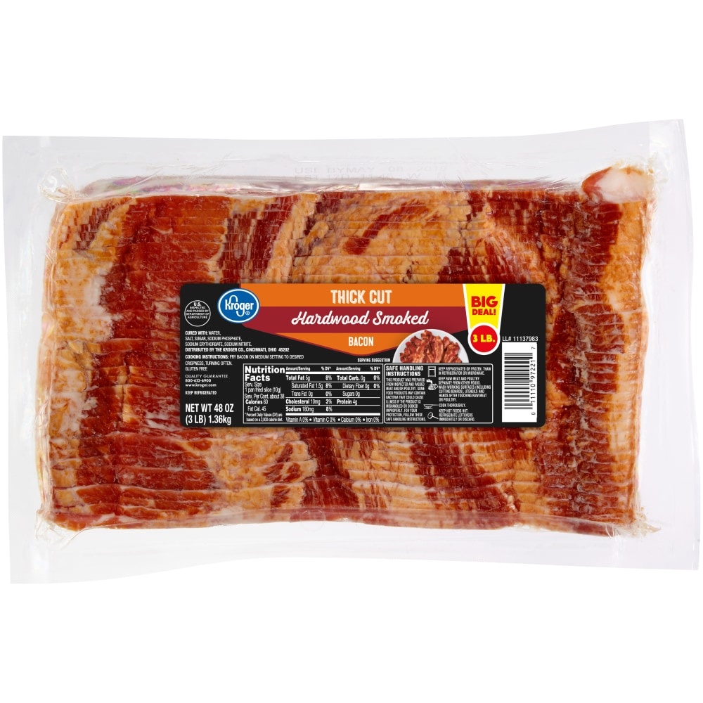 slide 1 of 1, Kroger Hardwood Smoked Sugar-Cured Thick Cut Bacon, 3 lb