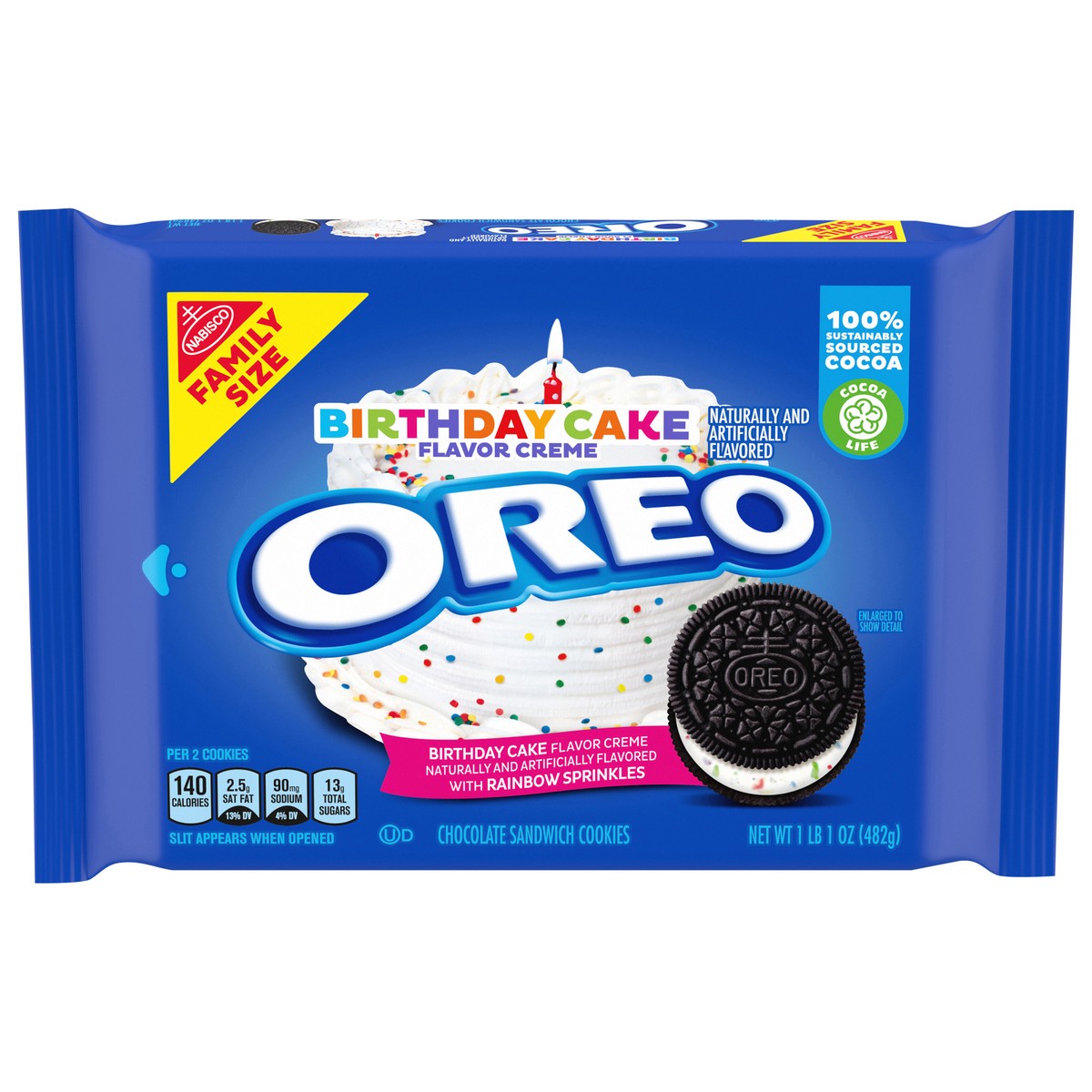 slide 1 of 9, OREO Birthday Cake Chocolate Sandwich Cookies, Family Size, 17 oz, 17 oz