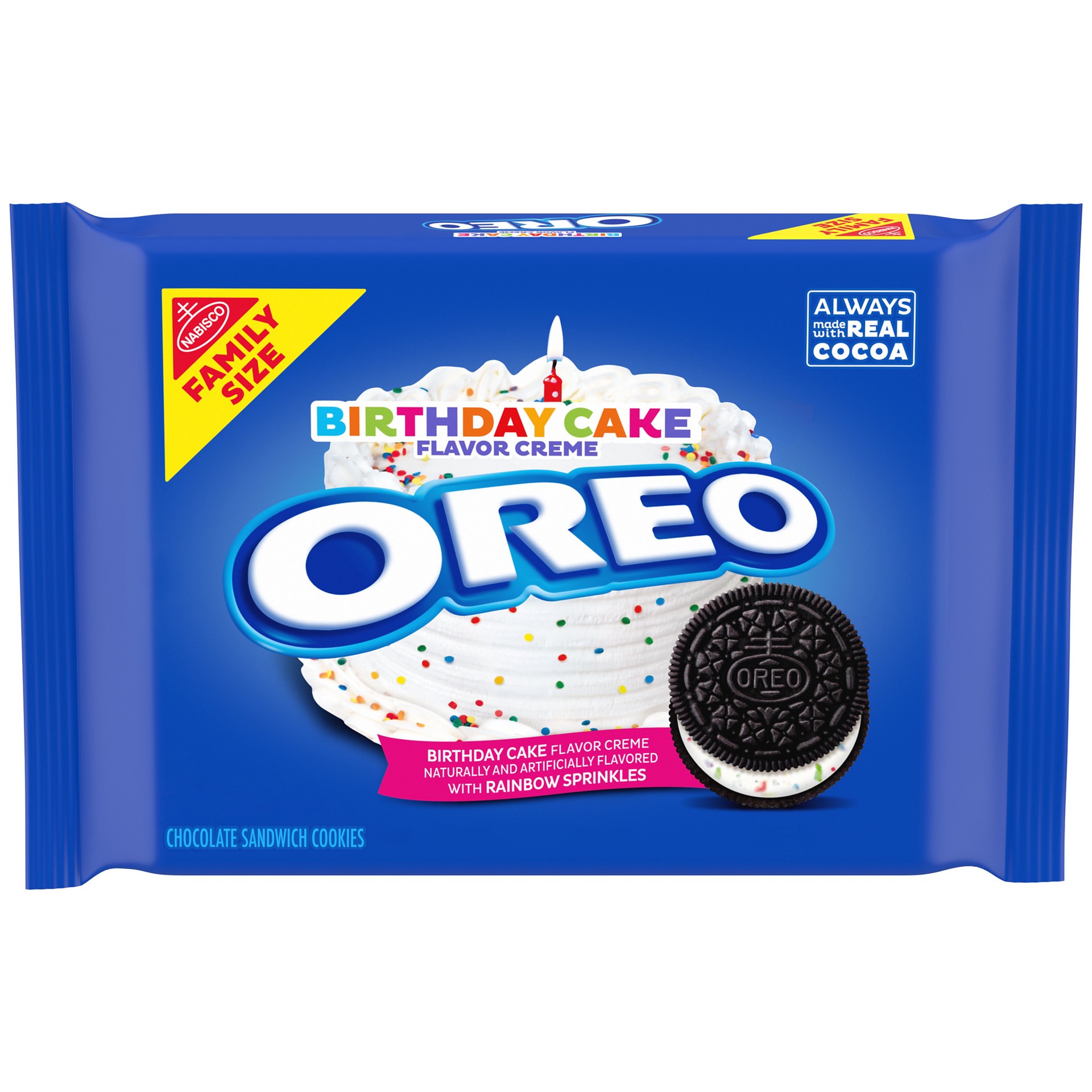 slide 1 of 9, OREO Birthday Cake Creme Chocolate Sandwich Cookies, Family Size, 17 oz, 17 oz