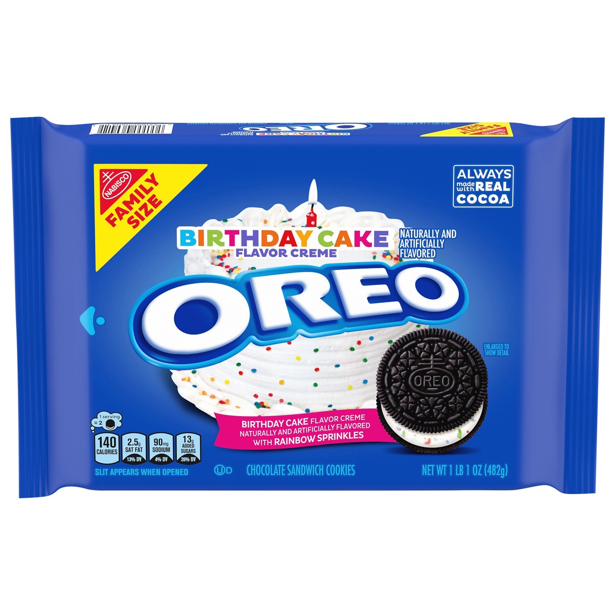 slide 1 of 9, OREO Birthday Cake Creme Chocolate Sandwich Cookies, Family Size, 17 oz, 17 oz
