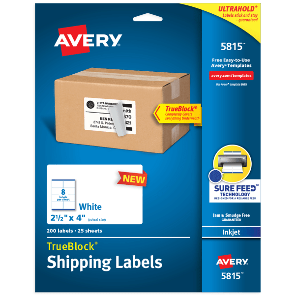 slide 1 of 8, Avery Shipping Labels With Trueblock Technology, 5815, 4"W X 2-1/2"D, White, Pack Of 200 Labels, 200 ct