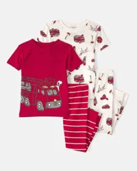 Carter's Toddler Boy Firetruck Striped 100% Cotton Snug Fit 4-Piece Pajama Set - Red/White Multi 4T