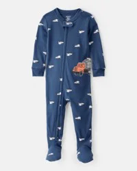 Carter's Baby Boy Construction Print 100% Cotton Long-Sleeve 2-Way Zip 1-Piece Pajamas - Blue 12M