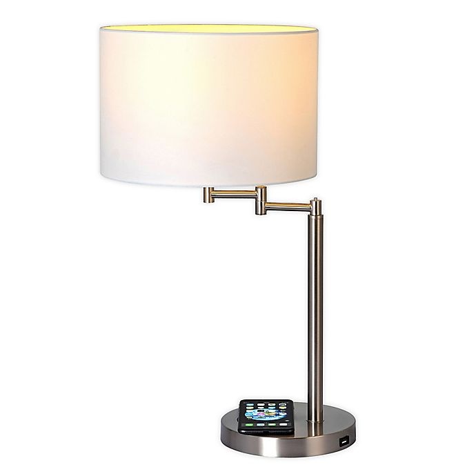 slide 1 of 7, Adesso Swing Arm Qi Wireless Charging Table Lamp - Brushed Steel with Drum Shade, 1 ct