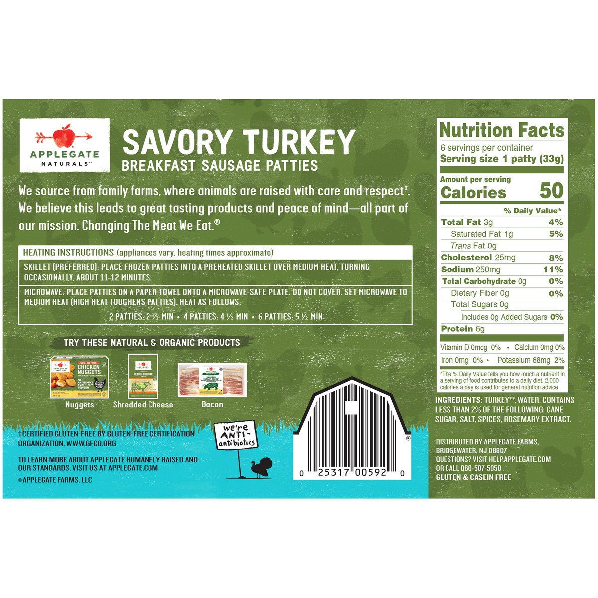 slide 3 of 7, Applegate Naturals Savory Turkey Breakfast Sausage Patties, 7.0 oz