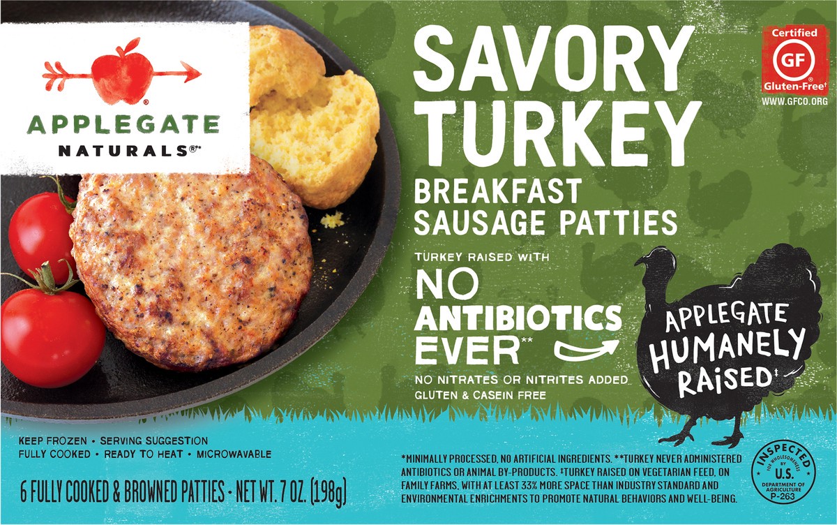 slide 6 of 7, Applegate Naturals Savory Turkey Breakfast Sausage Patties, 7.0 oz