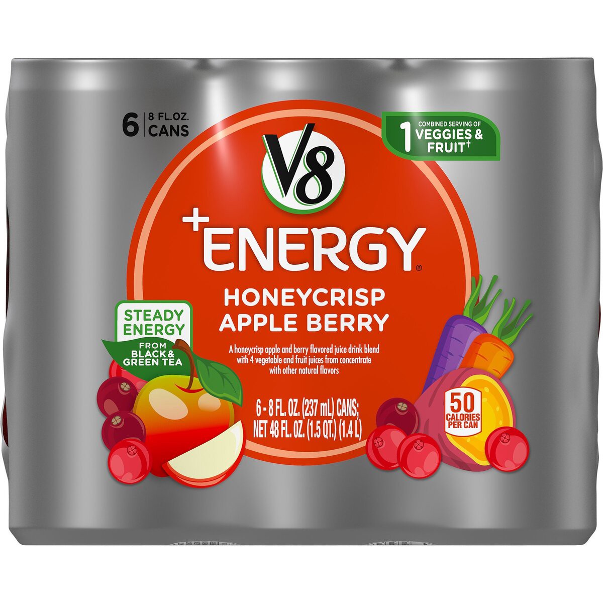 slide 3 of 8, V8 +Energy, Healthy Energy Drink, Natural Energy from Tea, Honeycrisp Apple Berry, 8 Ounce Can (Pack of 6), 48 oz