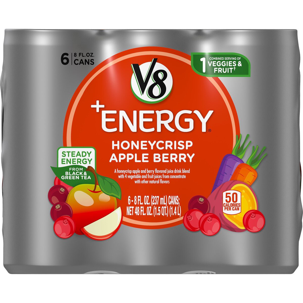 slide 4 of 8, V8 +Energy, Healthy Energy Drink, Natural Energy from Tea, Honeycrisp Apple Berry, 8 Ounce Can (Pack of 6), 48 oz