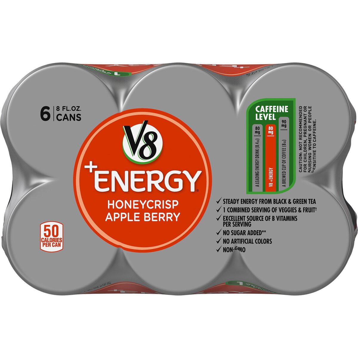 slide 5 of 8, V8 +Energy, Healthy Energy Drink, Natural Energy from Tea, Honeycrisp Apple Berry, 8 Ounce Can (Pack of 6), 48 oz