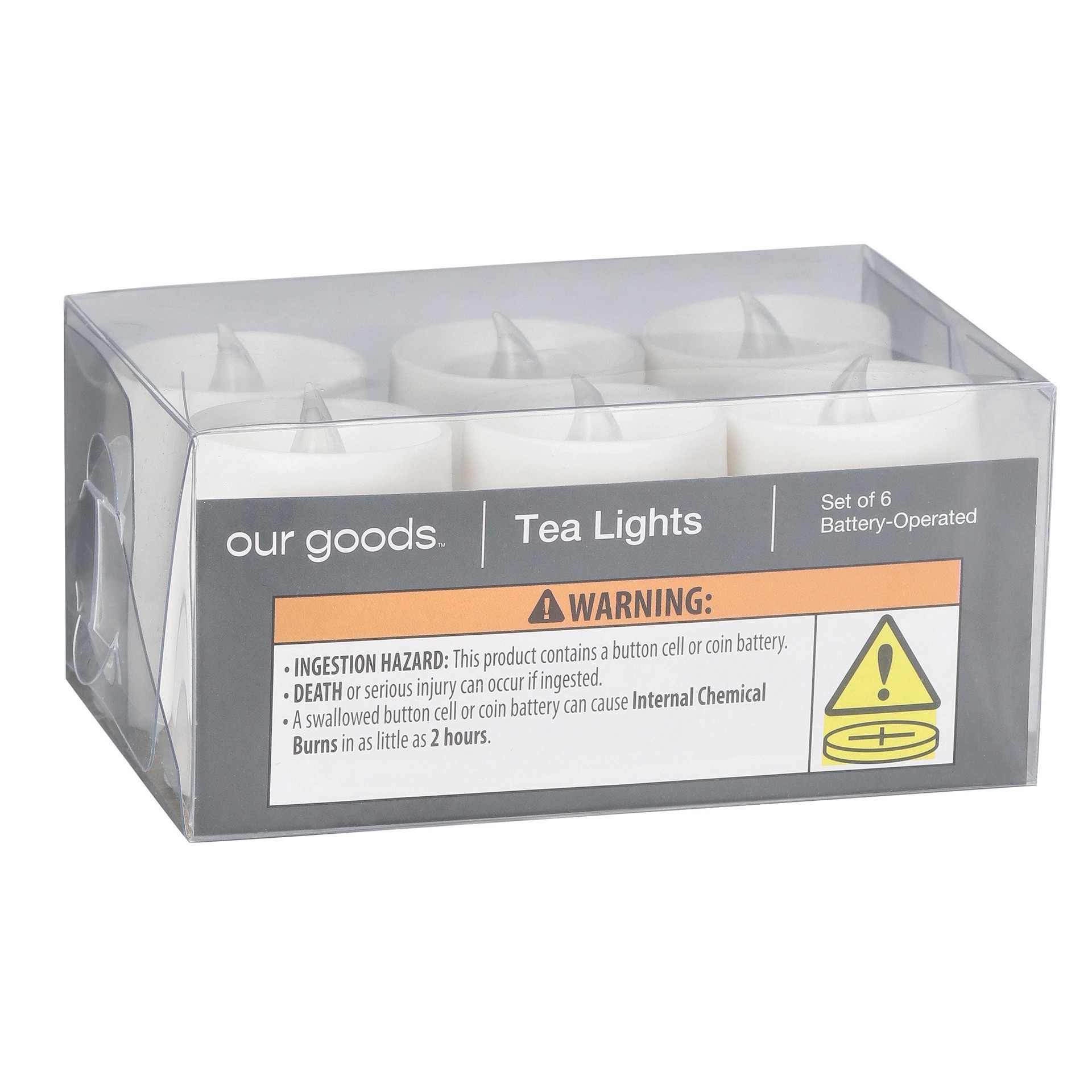 slide 1 of 1, our goods LED Tea Lights, 2 in, 6 ct