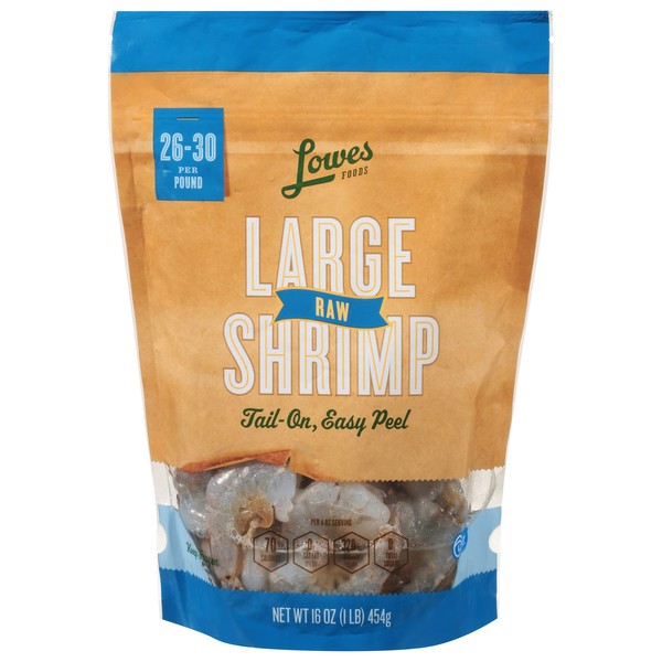 slide 1 of 1, Lowes Foods 26/30 Raw Tail-On Easy Peel Large Shrimp, 16 oz