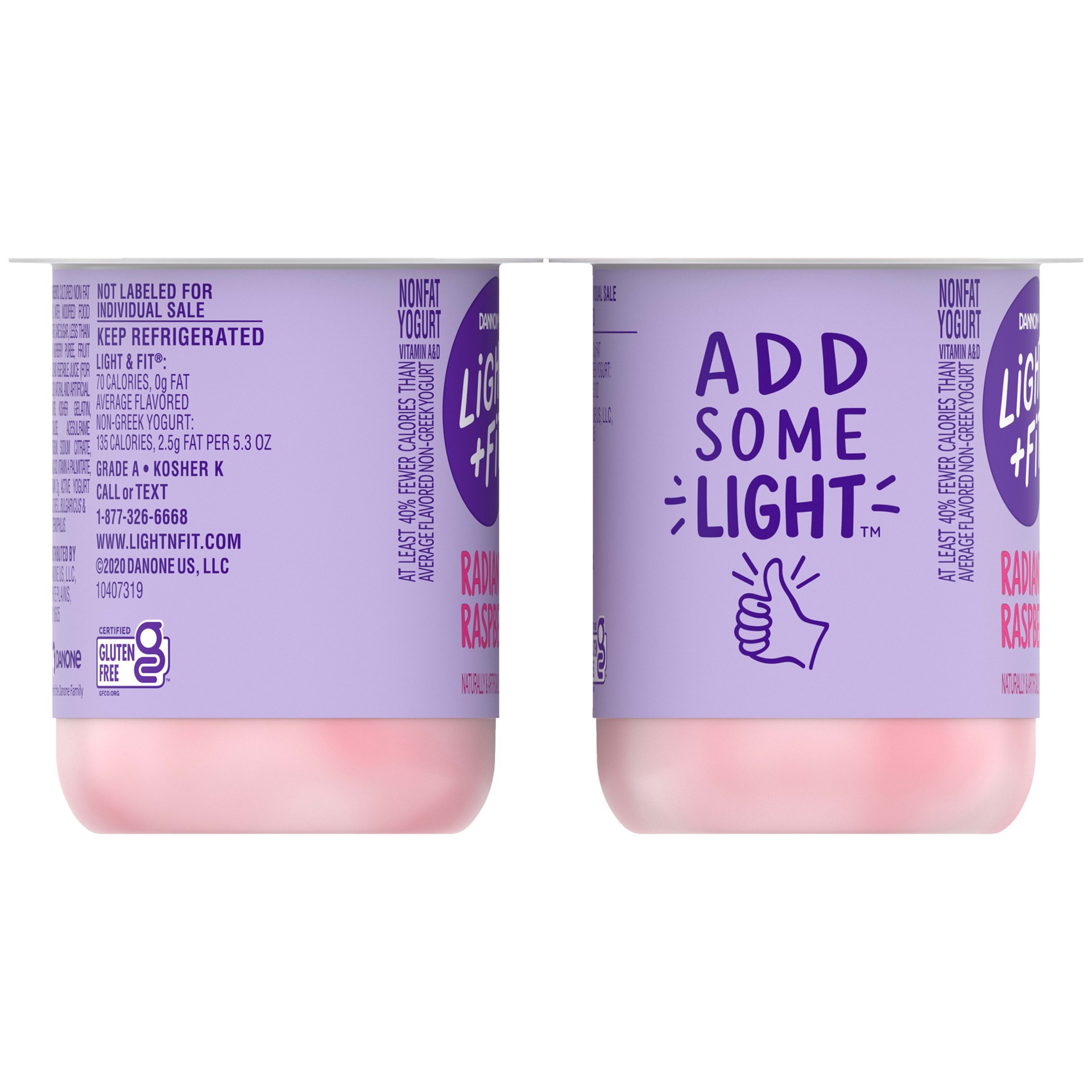 slide 5 of 5, Light + Fit Dannon Light + Fit Raspberry Original Nonfat Yogurt Pack, 0 Fat and 70 Calories, Creamy and Delicious Raspberry Yogurt, 4 Ct, 5.3 OZ Cups, 5.3 oz
