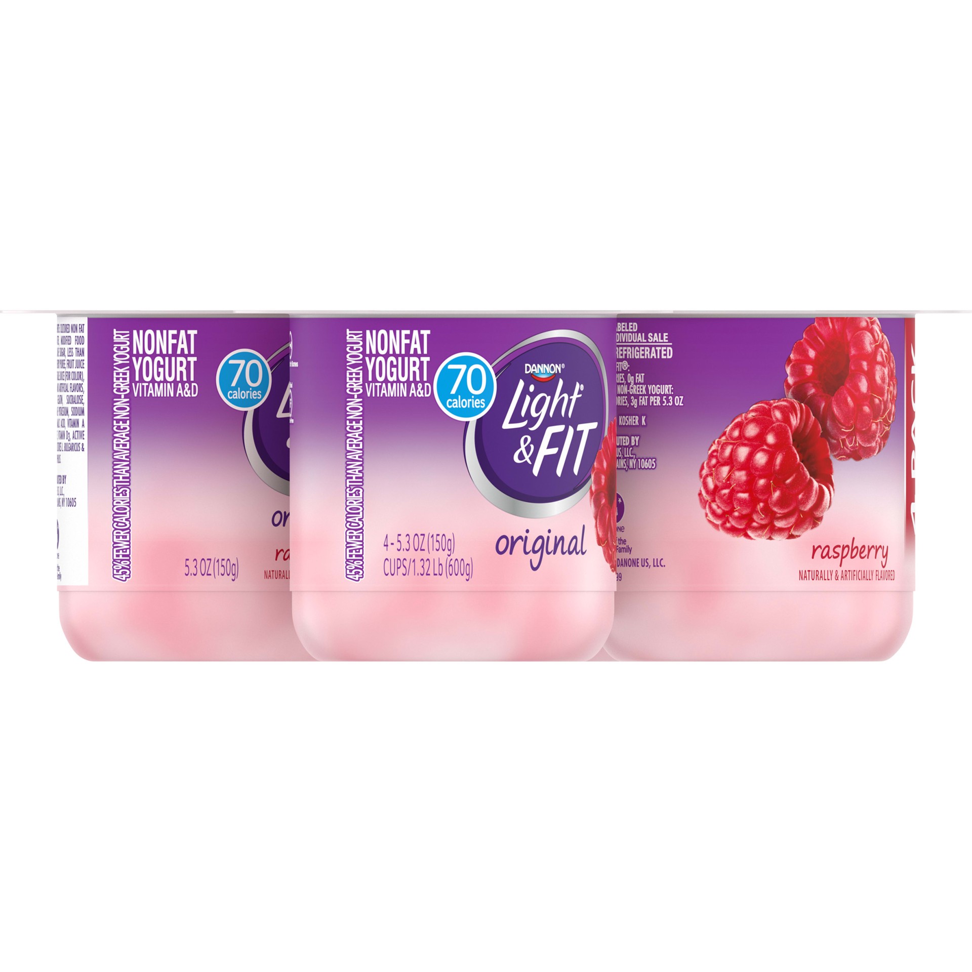 slide 4 of 5, Light + Fit Dannon Light + Fit Raspberry Original Nonfat Yogurt Pack, 0 Fat and 70 Calories, Creamy and Delicious Raspberry Yogurt, 4 Ct, 5.3 OZ Cups, 5.3 oz