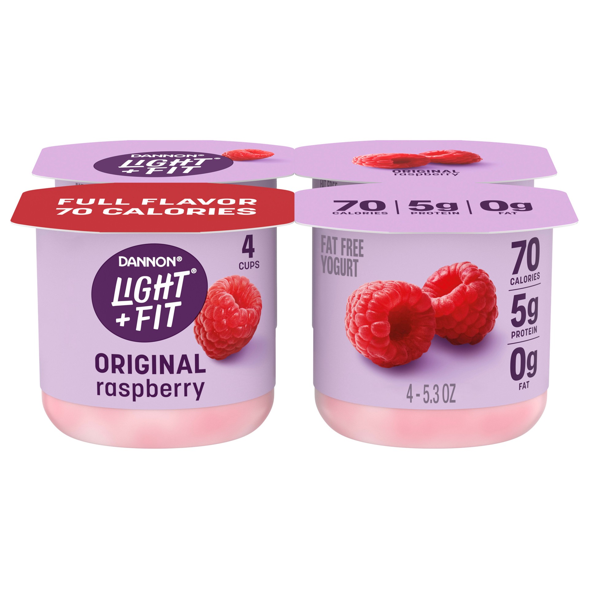 slide 1 of 5, Light + Fit Dannon Light + Fit Raspberry Original Nonfat Yogurt Pack, 0 Fat and 70 Calories, Creamy and Delicious Raspberry Yogurt, 4 Ct, 5.3 OZ Cups, 5.3 oz