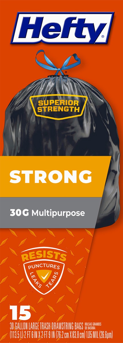 slide 5 of 9, Hefty Strong 30 Gallon Multipurpose Large Drawstring Trash Bags 15 ea, 15 ct