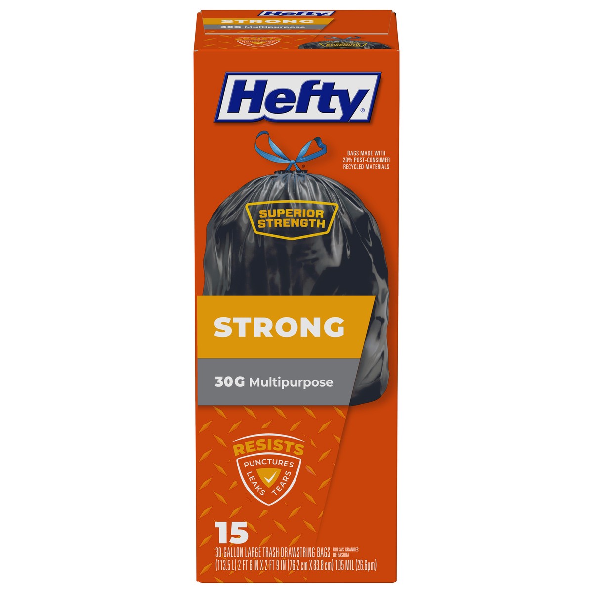 slide 1 of 9, Hefty Strong 30 Gallon Multipurpose Large Drawstring Trash Bags 15 ea, 15 ct