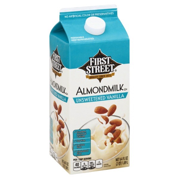 slide 1 of 1, First Street Unsweetened Vanilla Almond Milk, 64 oz