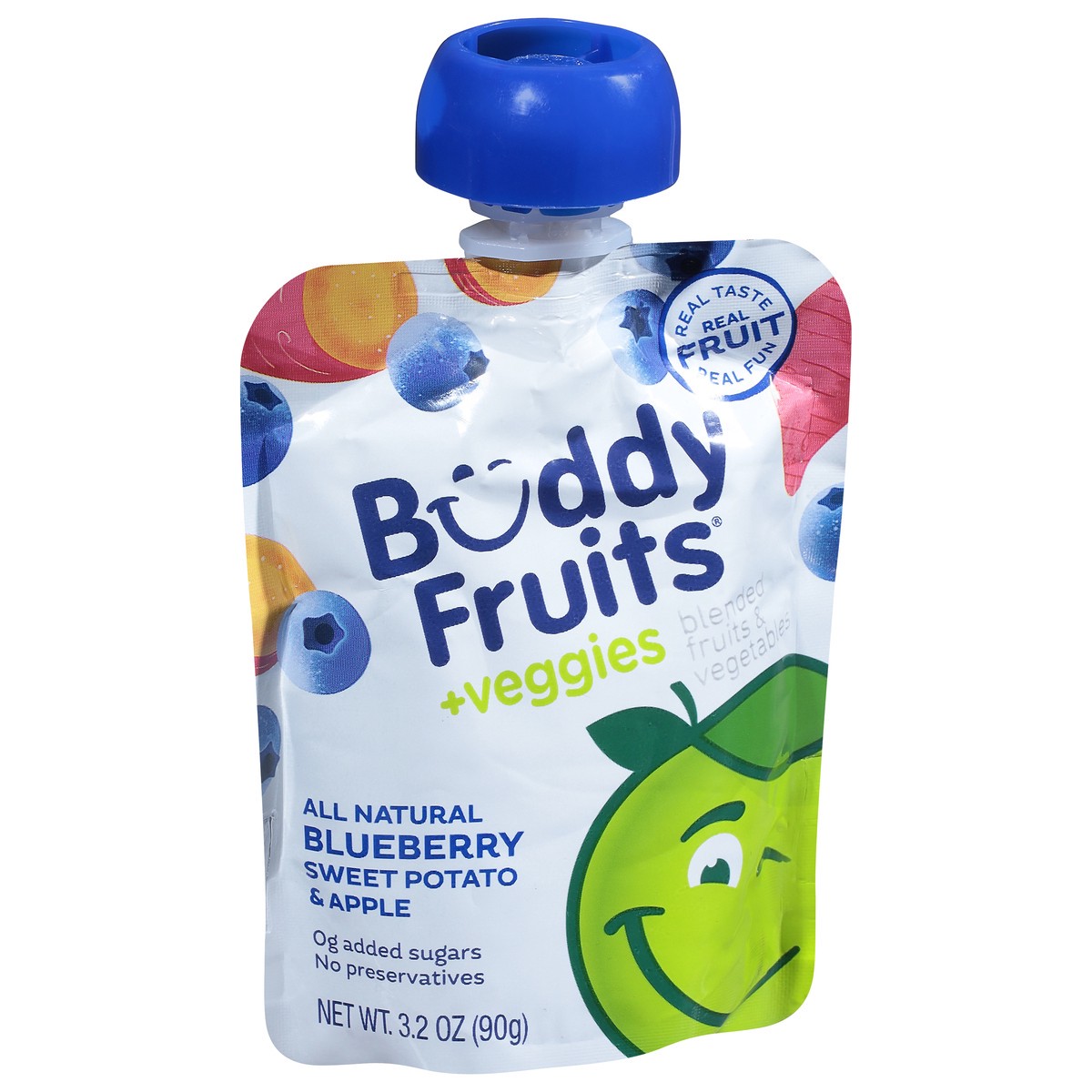 slide 2 of 9, Buddy Fruitss + Veggies All Natural Blueberry, Sweet Potato & Apple Pouch, 3.2 oz