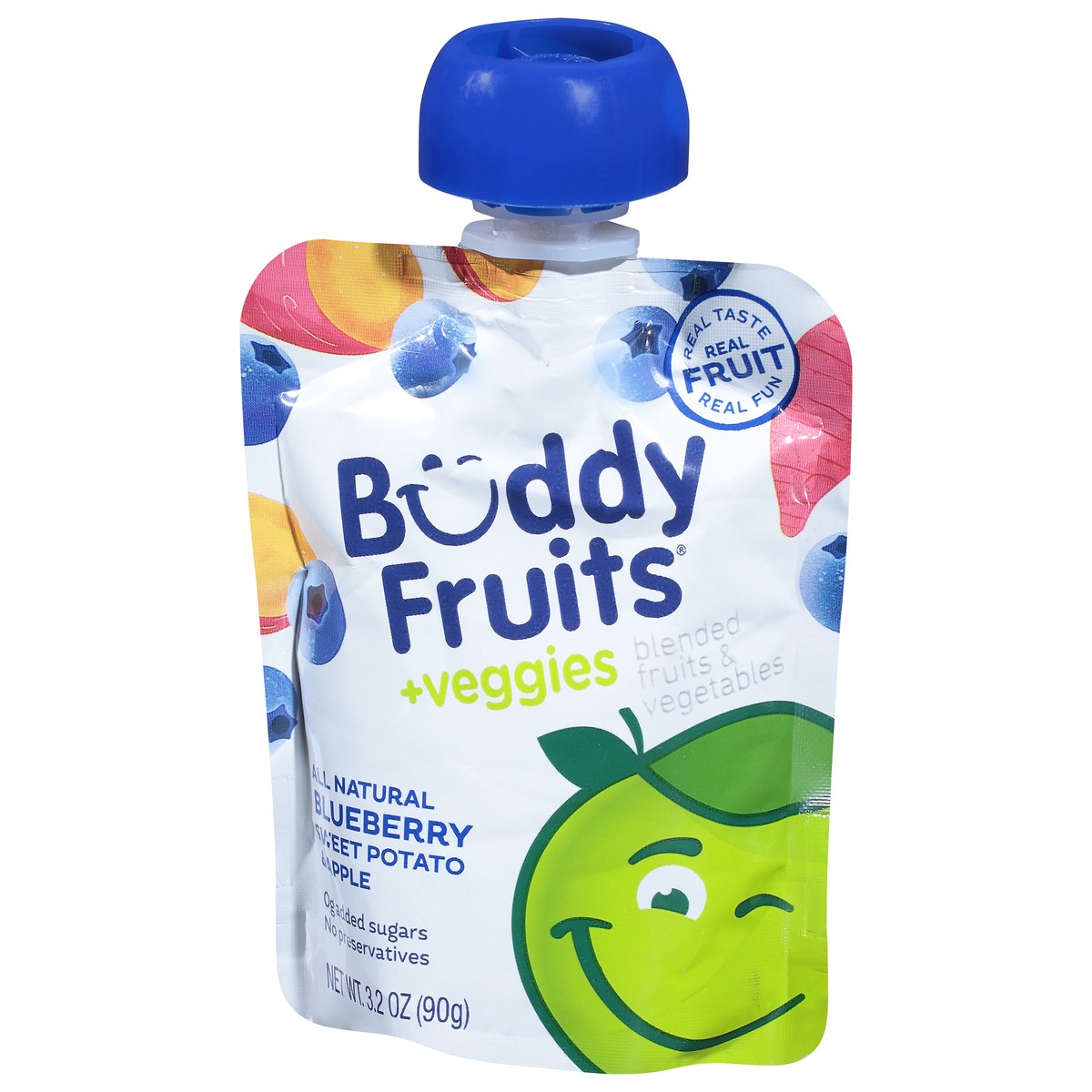 slide 3 of 9, Buddy Fruitss + Veggies All Natural Blueberry, Sweet Potato & Apple Pouch, 3.2 oz