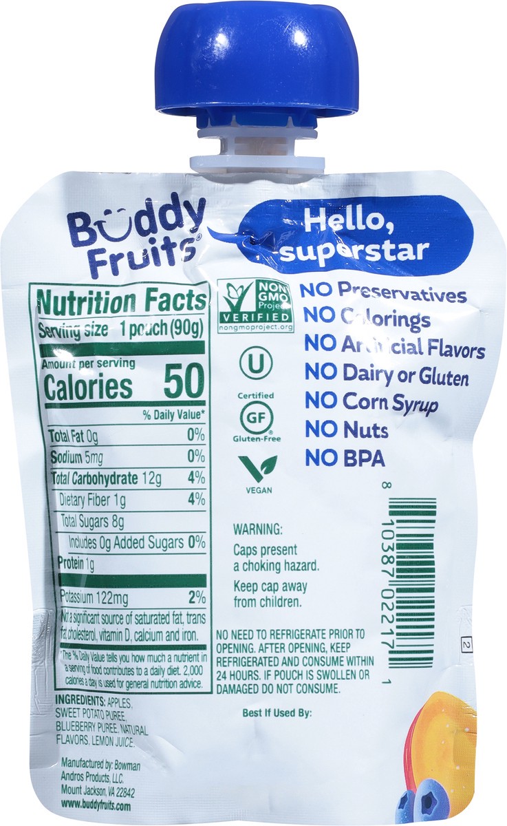 slide 5 of 9, Buddy Fruitss + Veggies All Natural Blueberry, Sweet Potato & Apple Pouch, 3.2 oz
