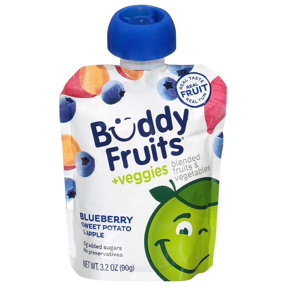 slide 1 of 9, Buddy Fruitss + Veggies All Natural Blueberry, Sweet Potato & Apple Pouch, 3.2 oz