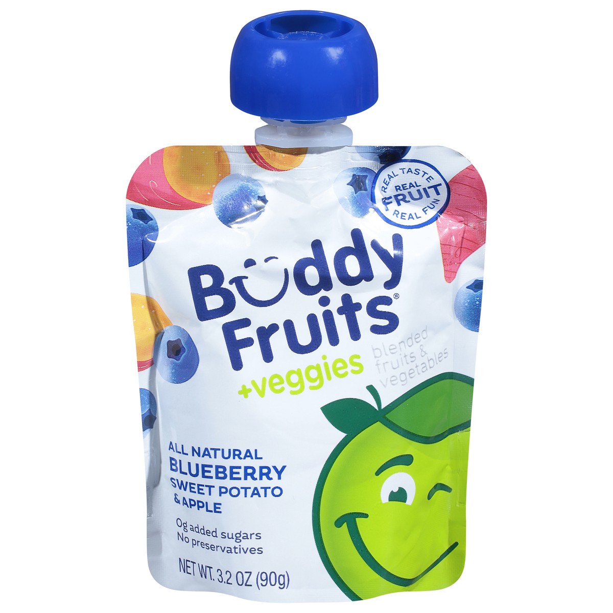 slide 1 of 9, Buddy Fruitss + Veggies All Natural Blueberry, Sweet Potato & Apple Pouch, 3.2 oz