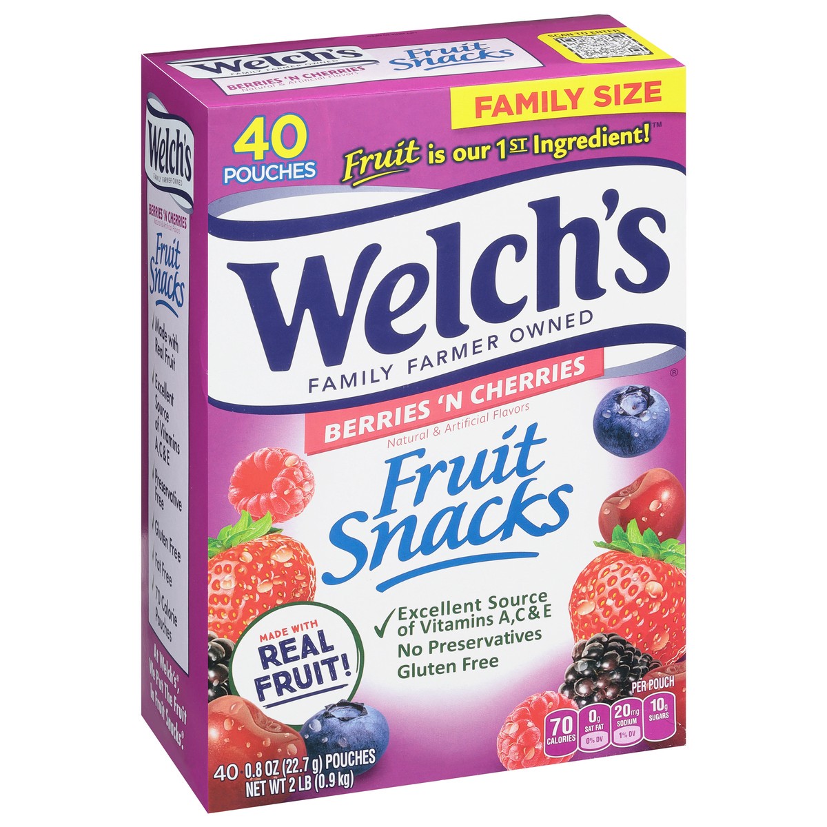 slide 7 of 9, Welch's Berries 'N Cherries Fruit Snacks Family Size 40 - 0.8 oz Pouches, 32 oz