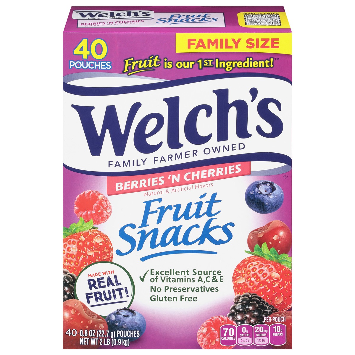 slide 1 of 9, Welch's Berries 'N Cherries Fruit Snacks Family Size 40 - 0.8 oz Pouches, 32 oz