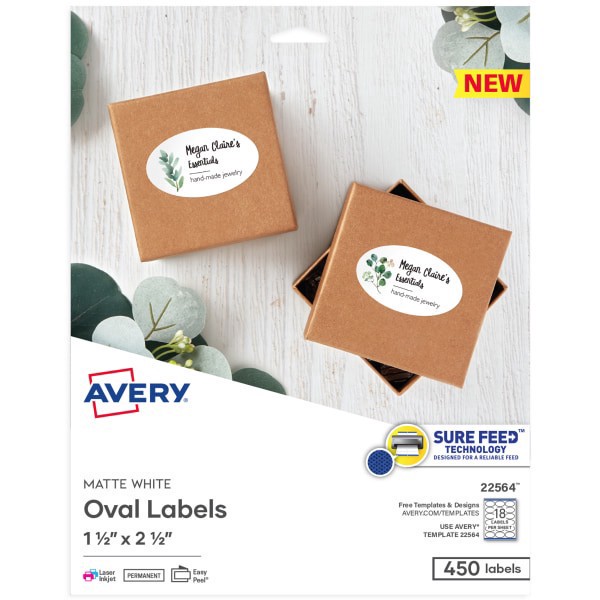 slide 1 of 6, Avery Easy Peel Oval Labels, 22564, 2-1/2"W X 1-1/2"D, White, Pack Of 450, 450 ct
