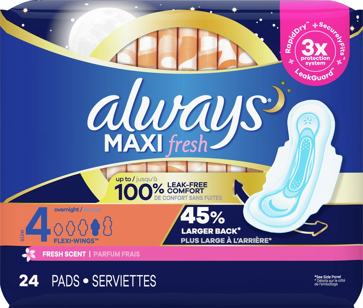 slide 4 of 6, Always Maxi Fresh Size 4 Overnight Flexi-Wings Fresh Scent Pads 24 ea, 24 ct