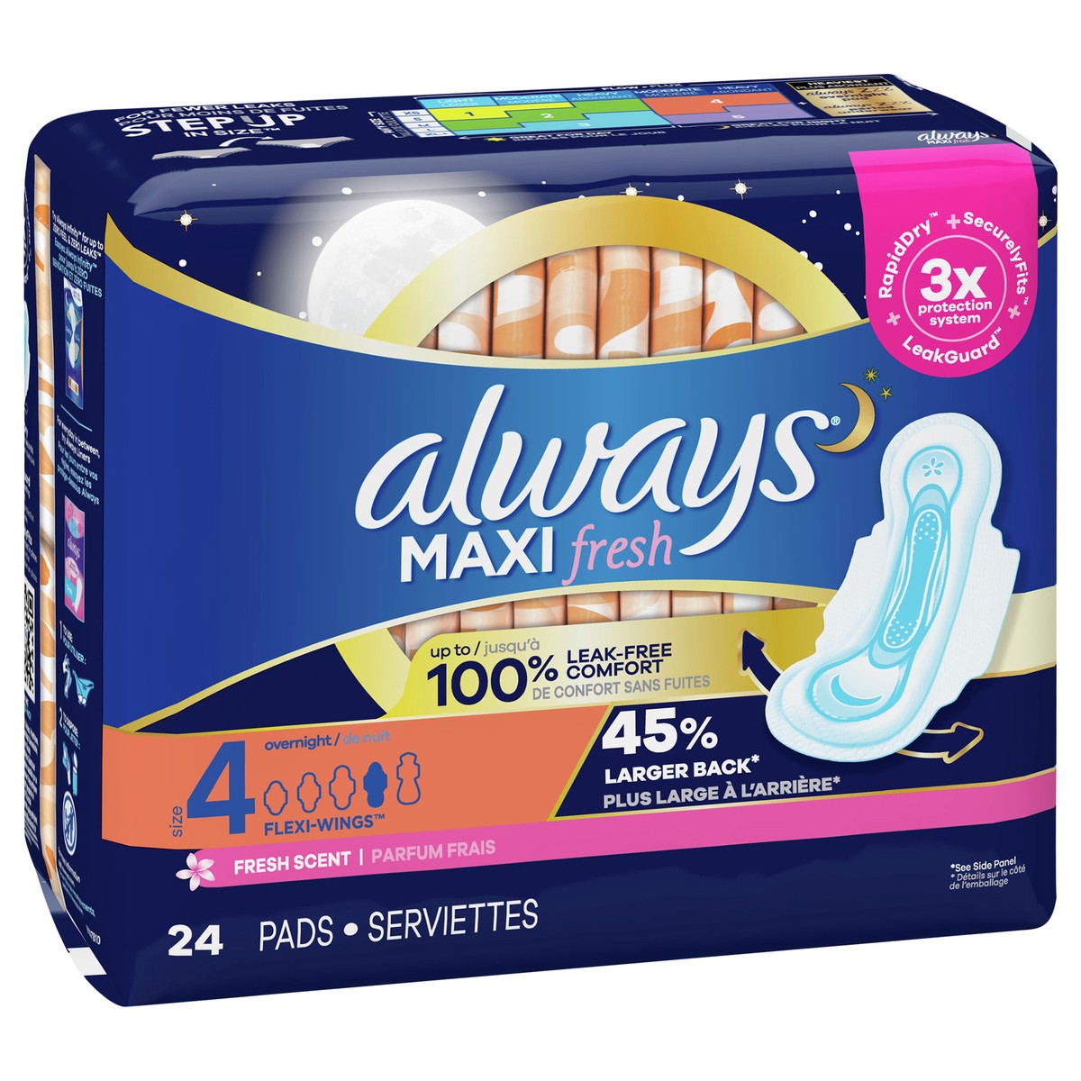 slide 6 of 6, Always Maxi Fresh Size 4 Overnight Flexi-Wings Fresh Scent Pads 24 ea, 24 ct