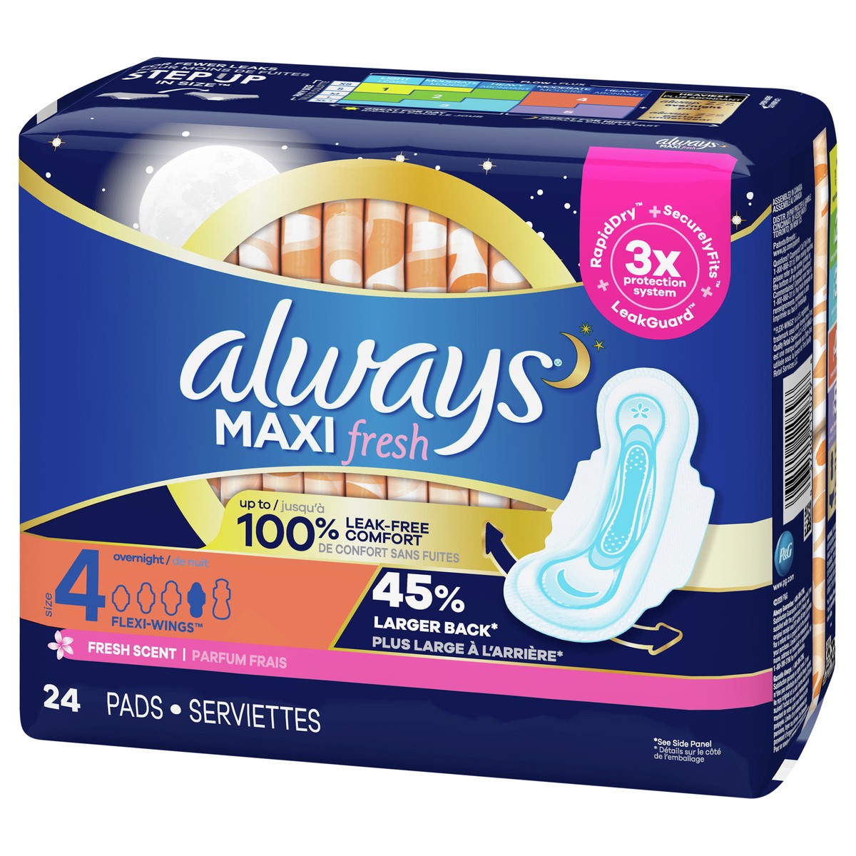 slide 3 of 6, Always Maxi Fresh Size 4 Overnight Flexi-Wings Fresh Scent Pads 24 ea, 24 ct