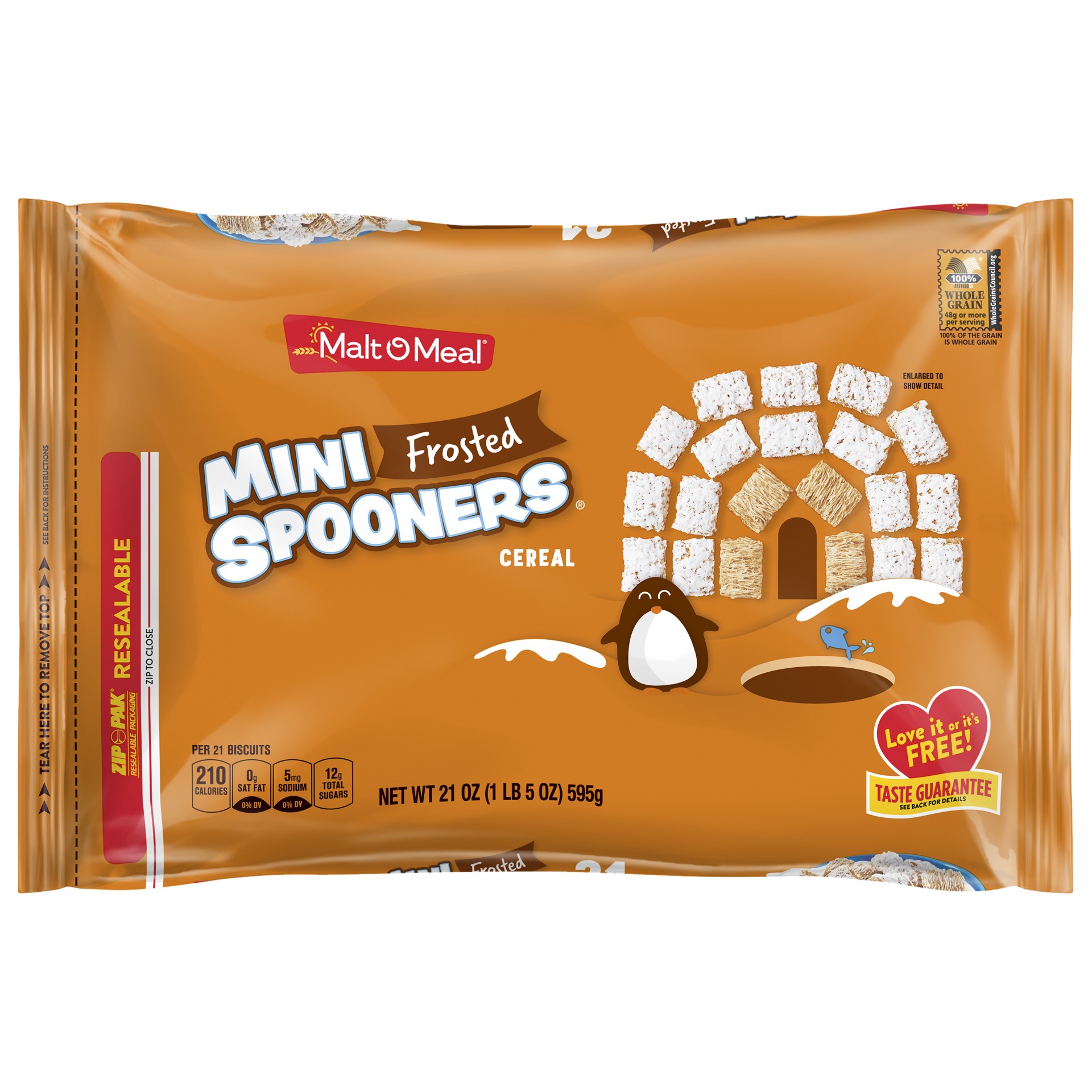 slide 1 of 10, Malt-O-Meal Frosted Mini Spooners Shredded Wheat Cereal, 21 OZ Bag, 21 oz