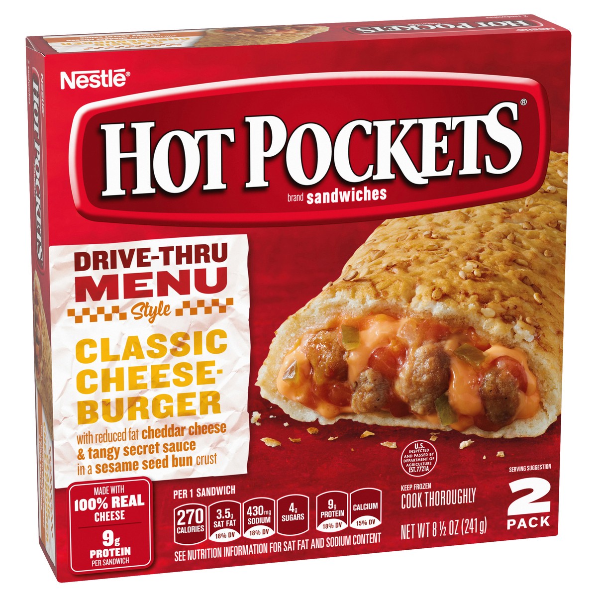 slide 2 of 8, Hot Pockets Frozen Snacks Drive Thru Menu Style Classic Cheeseburger Sesame Seed Bun Crust Frozen Sandwiches, 8.5 oz