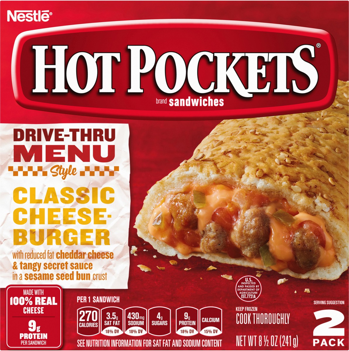 slide 6 of 8, Hot Pockets Frozen Snacks Drive Thru Menu Style Classic Cheeseburger Sesame Seed Bun Crust Frozen Sandwiches, 8.5 oz