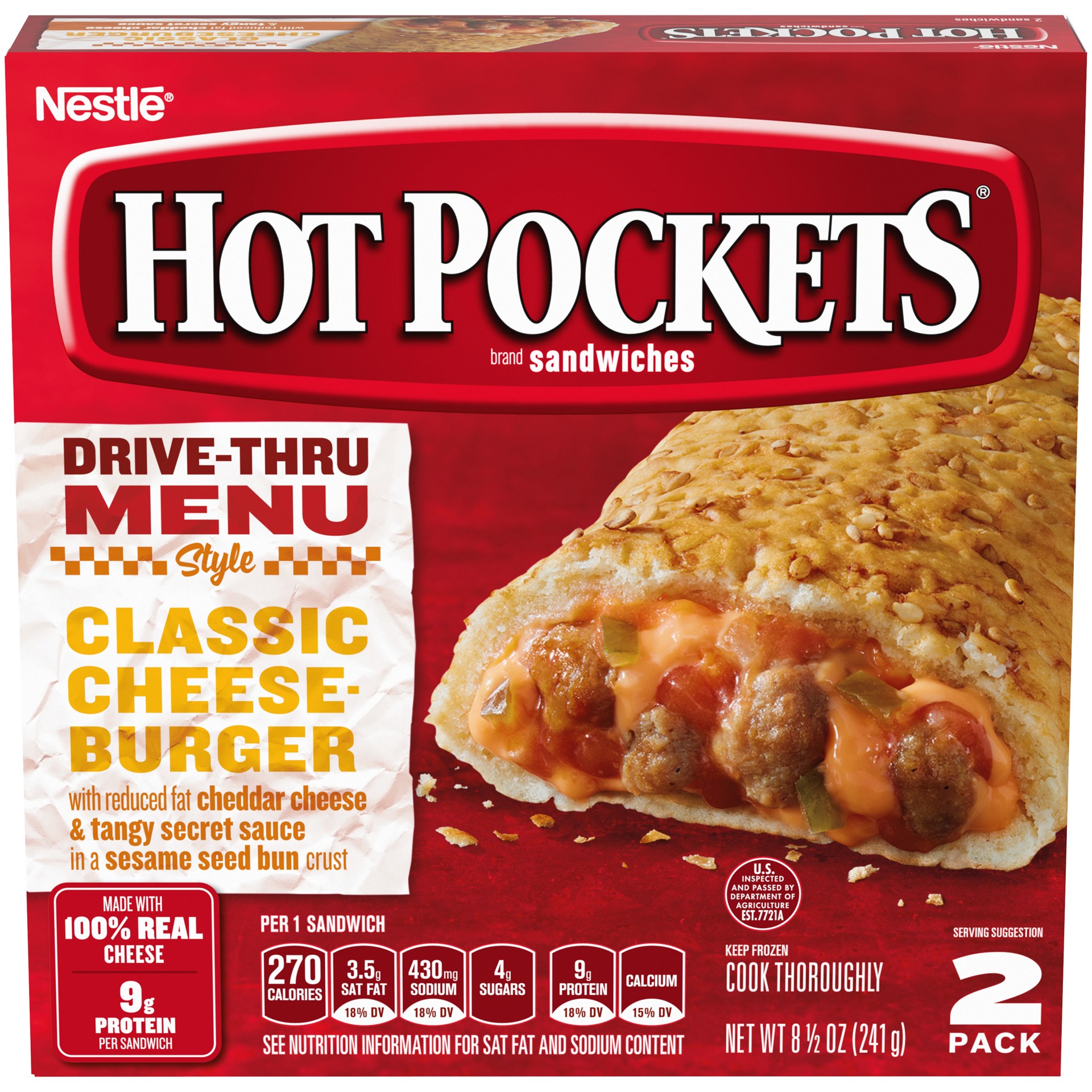 slide 1 of 8, Hot Pockets Frozen Snacks Drive Thru Menu Style Classic Cheeseburger Sesame Seed Bun Crust Frozen Sandwiches, 8.5 oz