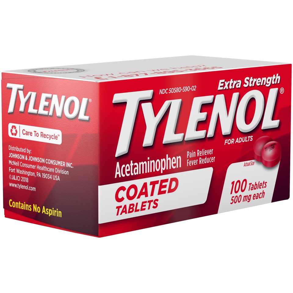 slide 2 of 6, Tylenol Extra Strength Pain Relief Coated Tablets for Adults, 500mg Acetaminophen Pain Reliever and Fever Reducer per Tablet for Minor Aches, Pains, and Headaches, 100 ct