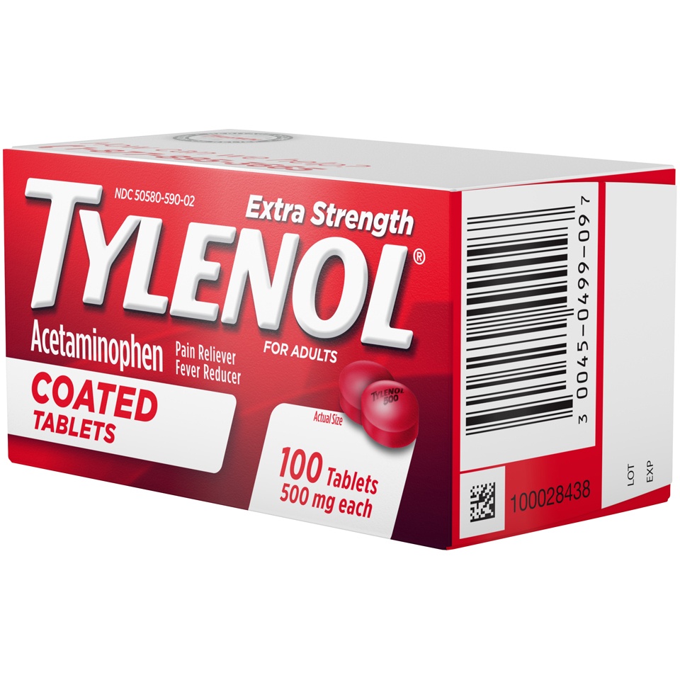 slide 3 of 6, Tylenol Extra Strength Pain Relief Coated Tablets for Adults, 500mg Acetaminophen Pain Reliever and Fever Reducer per Tablet for Minor Aches, Pains, and Headaches, 100 ct