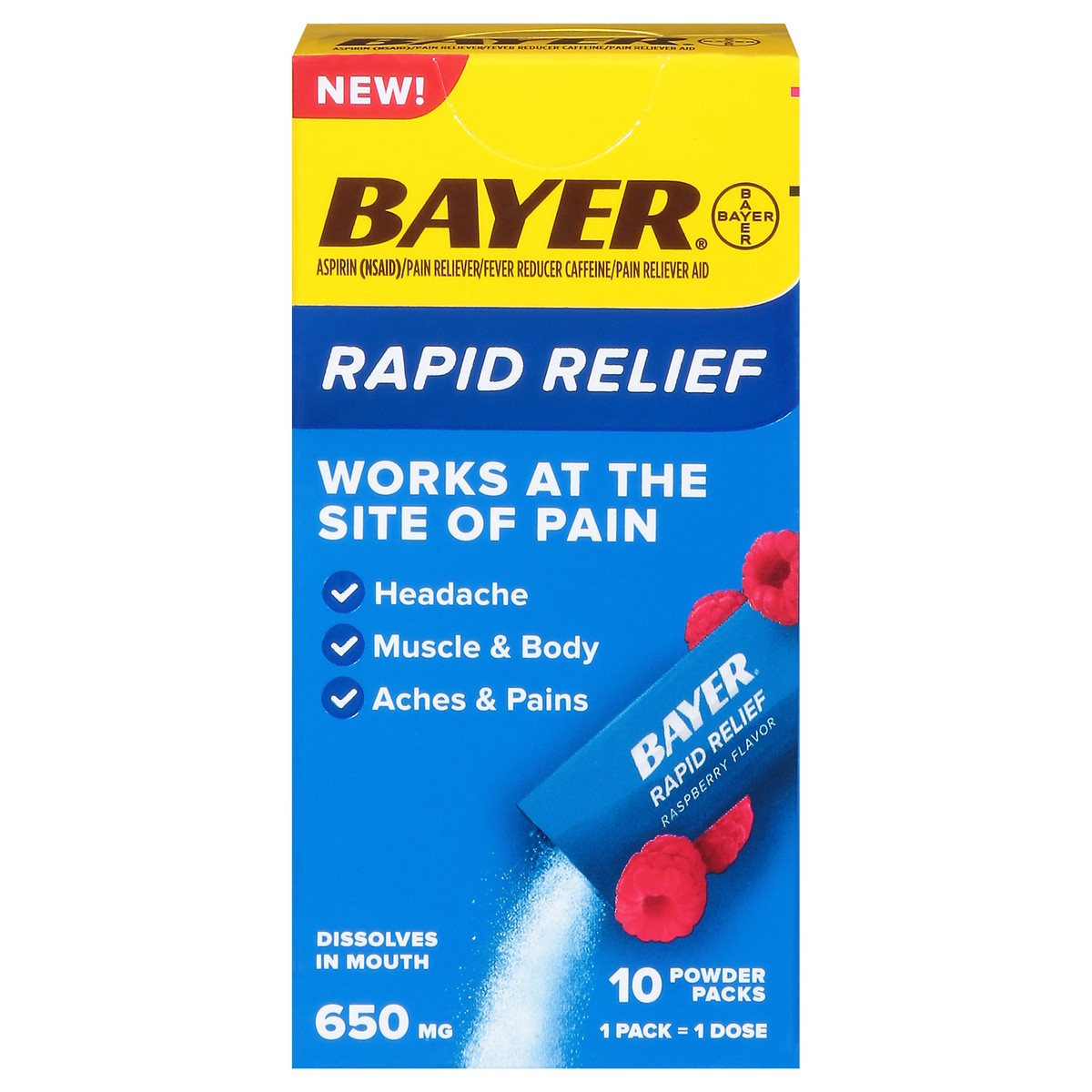 slide 1 of 13, Bayer Powder Packs 650 mg Rapid Relief Raspberry Flavor Pain Reliever 10 ea, 10 ct