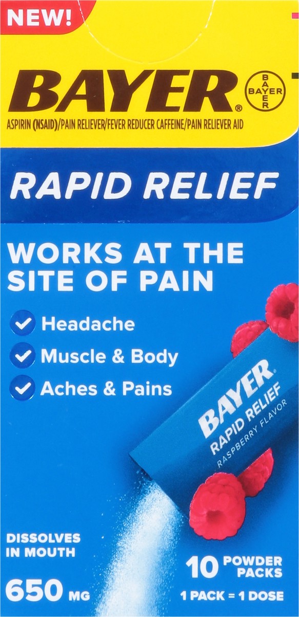 slide 13 of 13, Bayer Powder Packs 650 mg Rapid Relief Raspberry Flavor Pain Reliever 10 ea, 10 ct