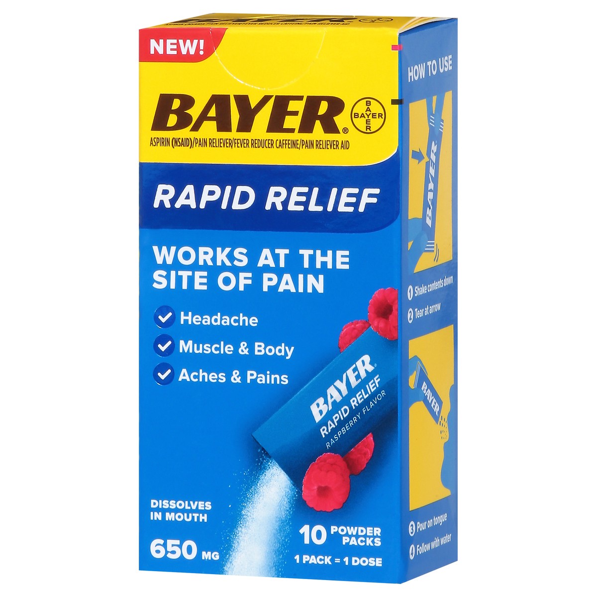 slide 5 of 13, Bayer Powder Packs 650 mg Rapid Relief Raspberry Flavor Pain Reliever 10 ea, 10 ct