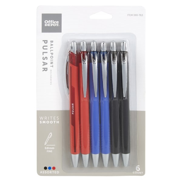 slide 1 of 4, Office Depot Brand Pulsar Advanced Ink Ballpoint Pens, Conical/Medium Point, 0.8 Mm, Assorted Barrel Colors, Assorted Ink Colors, Pack Of 6, 6 ct