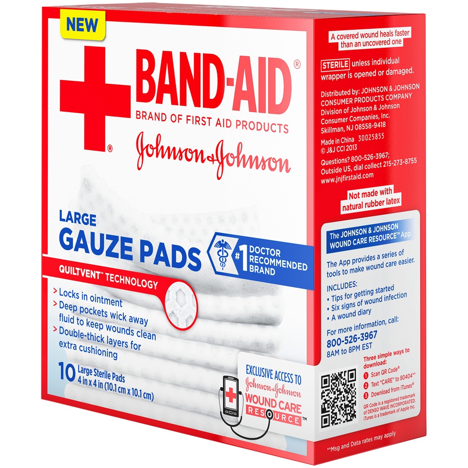 slide 3 of 6, Johnson & Johnson Band-Aid Brand Cushion Care Gauze Pads, Large, 4 in x 4 in - 10 ct, 10 ct