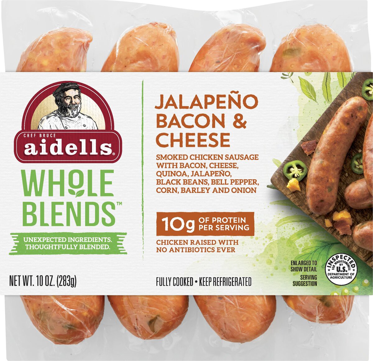 slide 3 of 4, Aidells Whole Blends Jalapeno, Bacon & Cheese Smoked Chicken Sausage, 10 oz