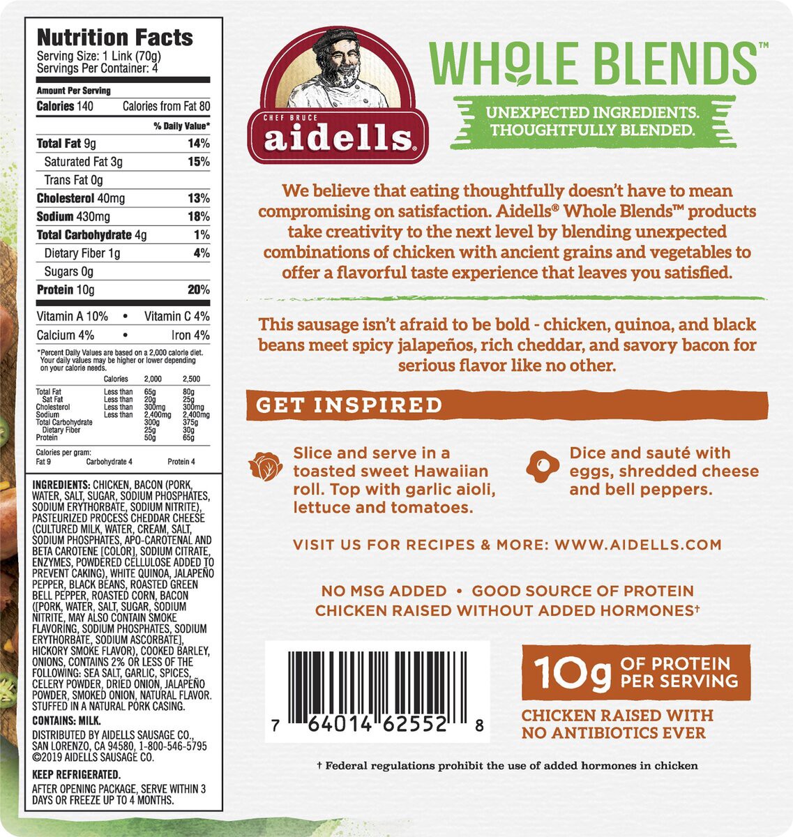 slide 4 of 4, Aidells Whole Blends Jalapeno, Bacon & Cheese Smoked Chicken Sausage, 10 oz