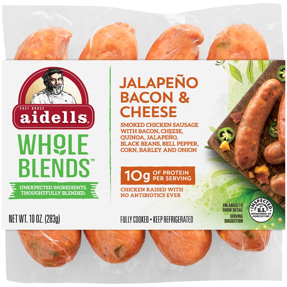 slide 1 of 4, Aidells Whole Blends Jalapeno, Bacon & Cheese Smoked Chicken Sausage, 10 oz