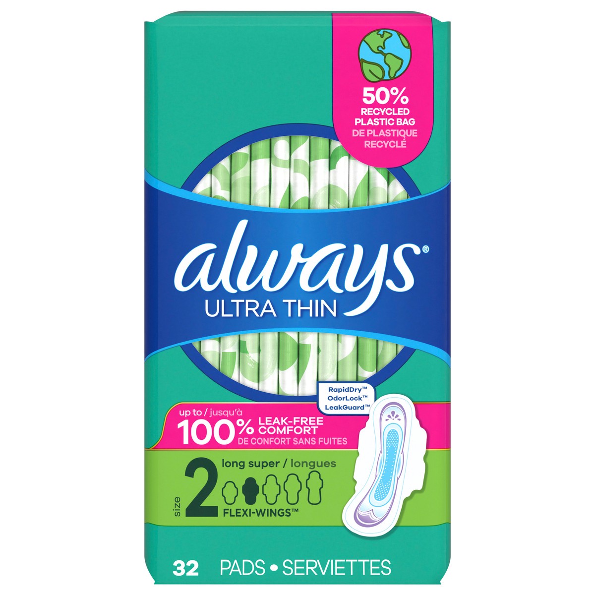 slide 6 of 6, Always Ultra Thin Feminine Pads with Wings for Women, Size 2, Long Super Absorbency, Unscented, 32 Count, 32 ct