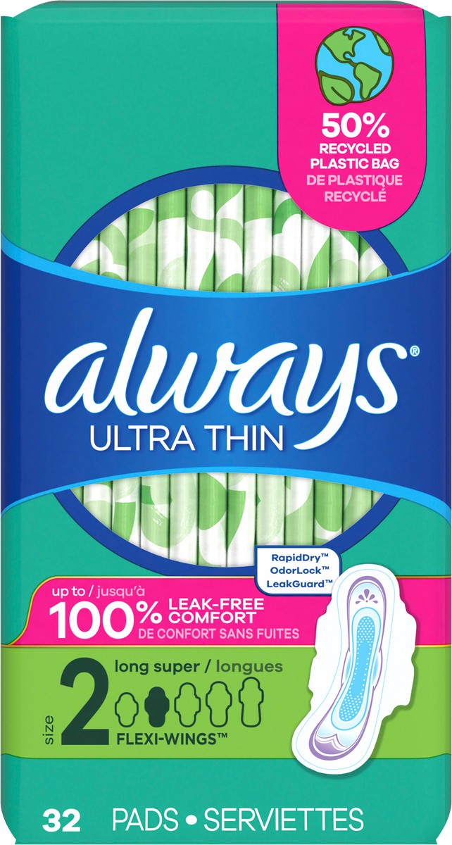 slide 3 of 6, Always Ultra Thin Feminine Pads with Wings for Women, Size 2, Long Super Absorbency, Unscented, 32 Count, 32 ct