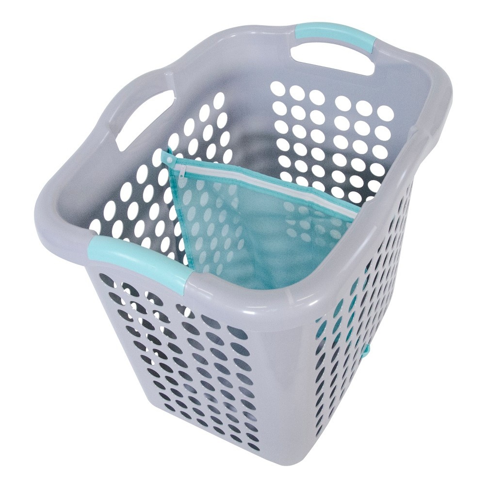 slide 2 of 4, Home Logic Hamper with Divider Bag, Grey with Teal Handles, 1 ct